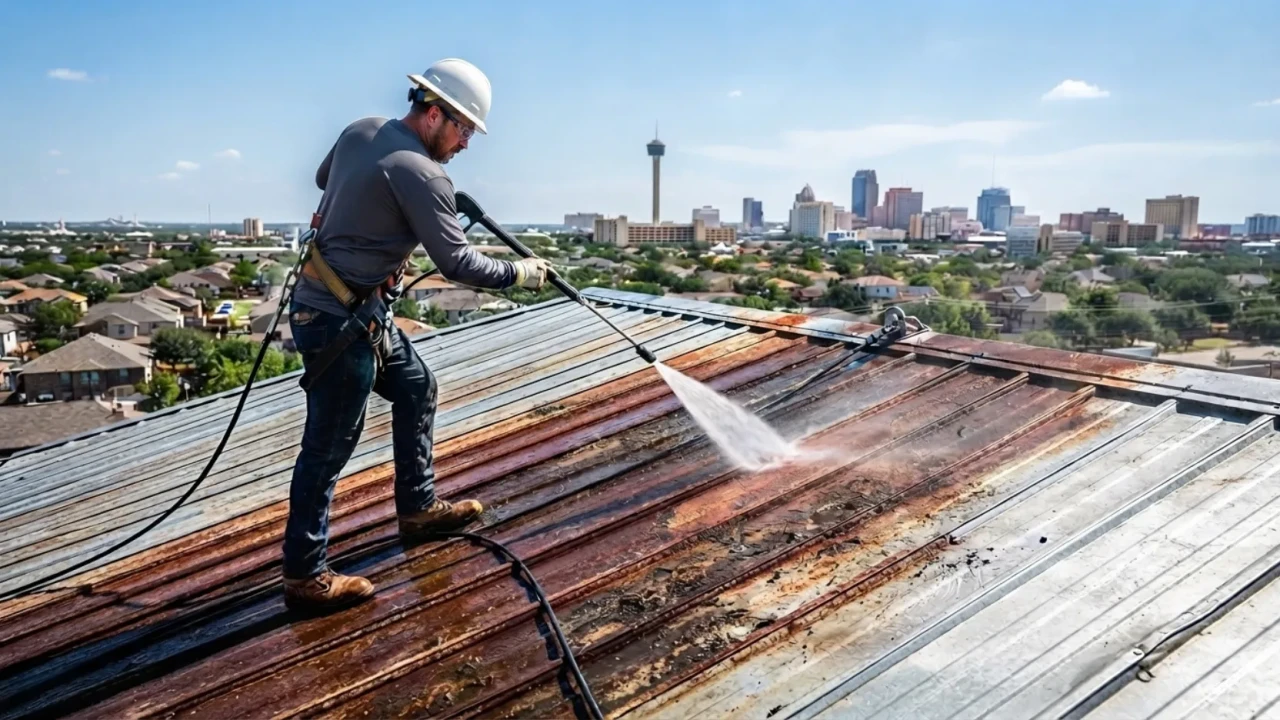 Metal roof surface preparation with pressure washing and rust treatment in San Antonio