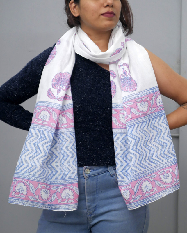Floral Mist Handblock Printed Cotton Stole