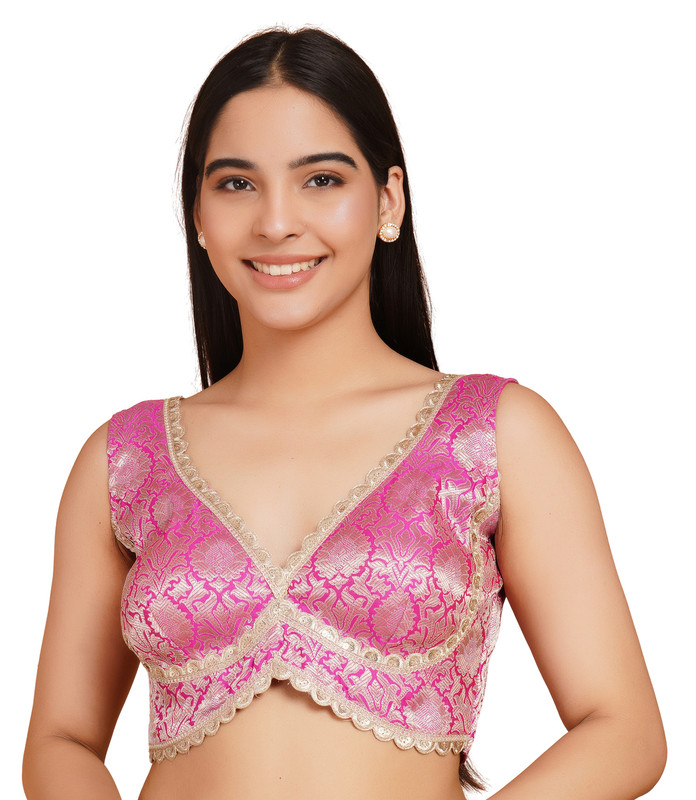 Women Brocade Silk Saree Blouse Sabyasachi Cut Readymade Padded Choli Crop Top
