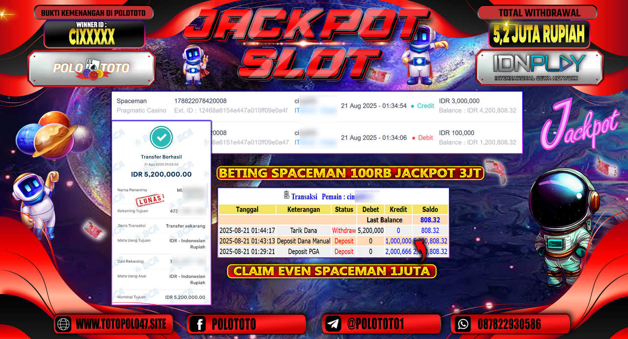 POLOTOTO JACKPOT SLOT SPACEMAN Rp.5.200.000,-