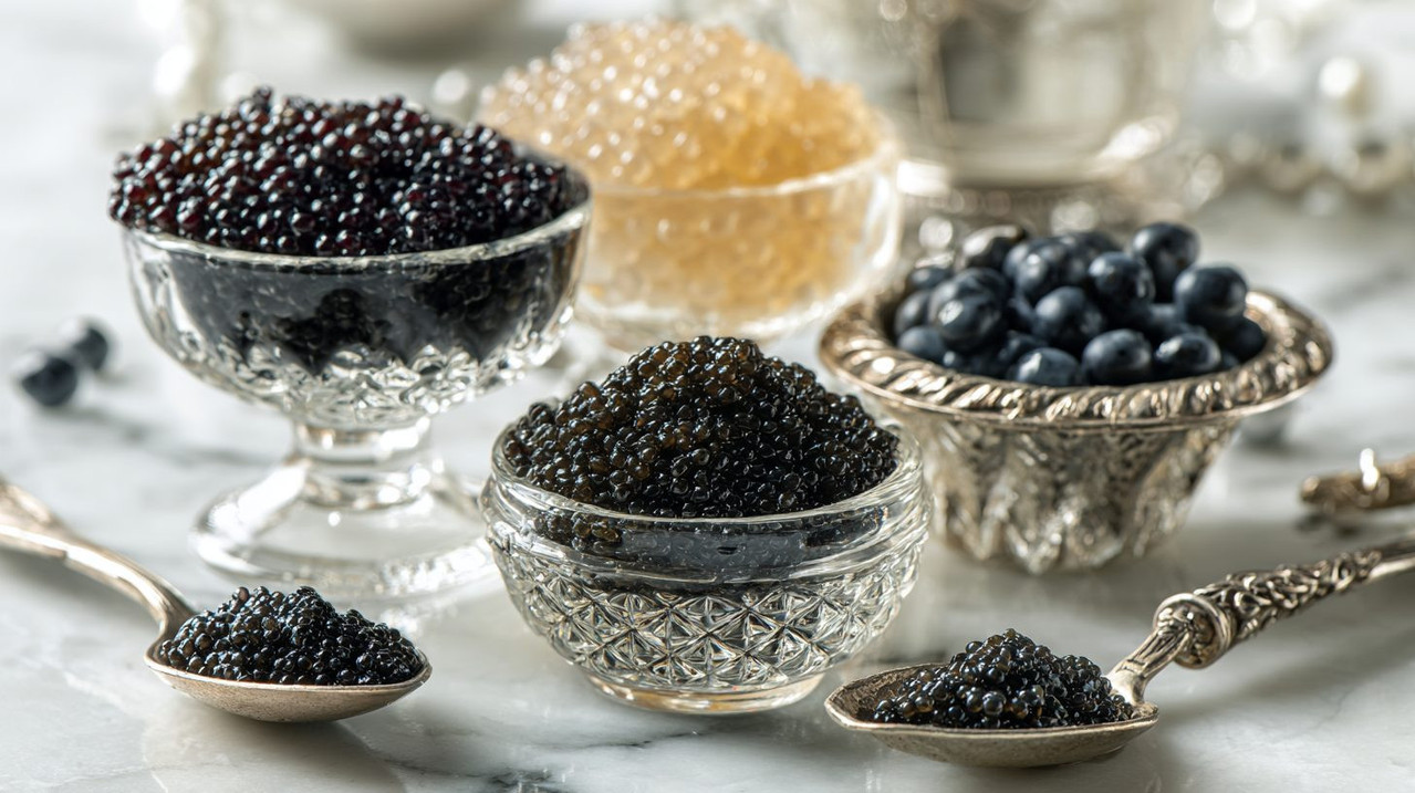 Различные виды черной икры на белом фоне