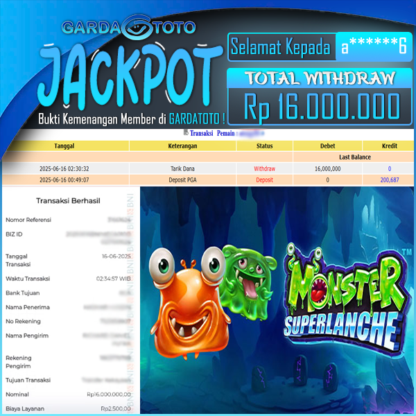JACKPOT SLOT MAIN DI SLOT MONSTER SUPERLANCHE WD Rp 16.000.000,- DIBAYAR LUNAS GARDATOTO MANTAP 