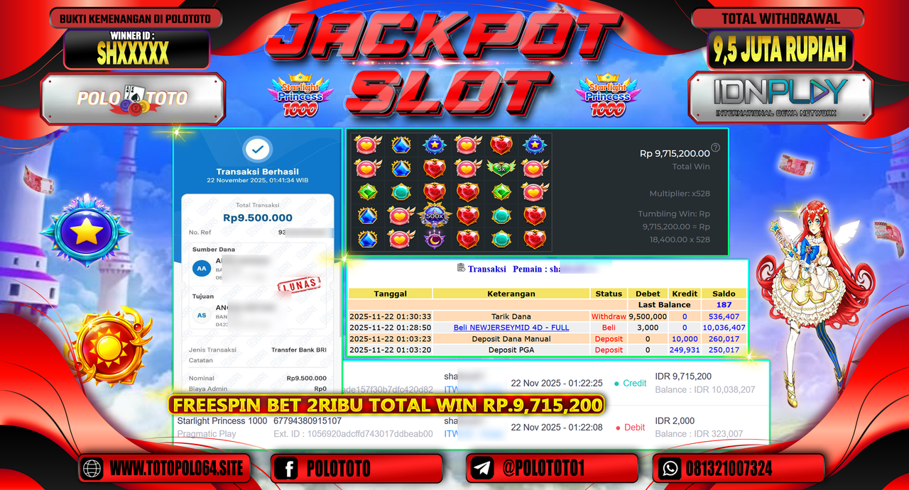 POLOTOTO JACKPOT SLOT STARLIGHT PRINCESS 1000 Rp.9.500.000,- LUNAS