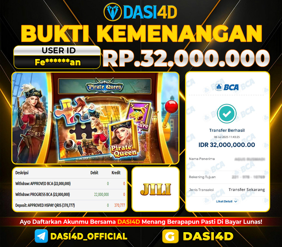 BUKTI KEMENANGAN 06 JULI 2025 DI PIRATE QUEEN RP 32.000.000
