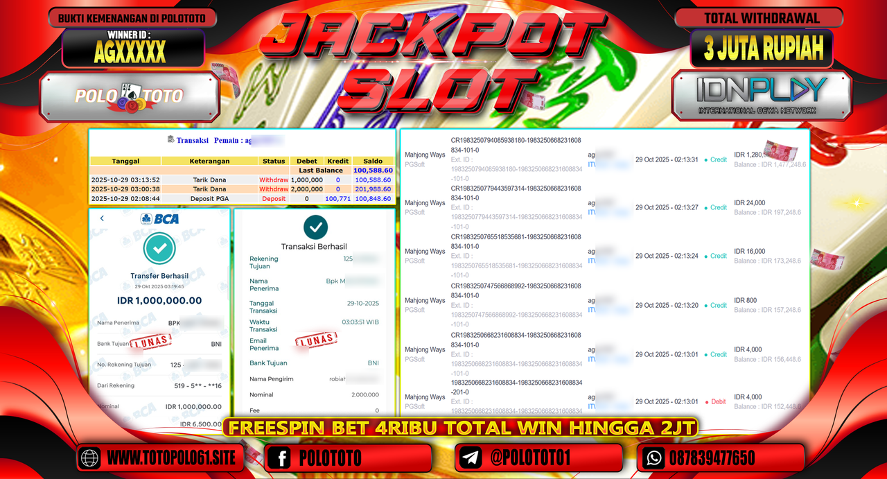 POLOTOTO JACKPOT SLOT MAHJONG WAYS Rp.3.000.000,- LUNAS