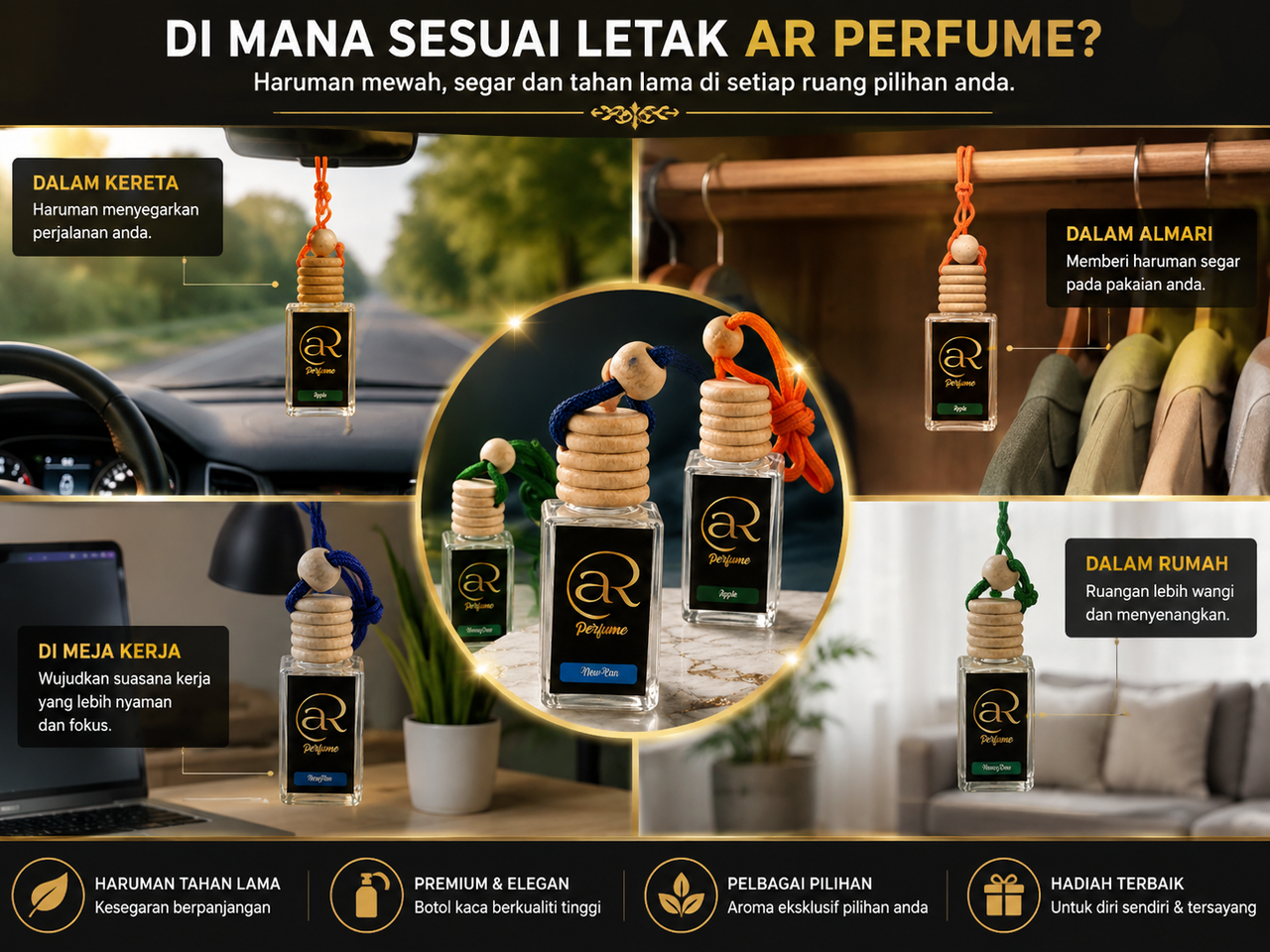 Tempat sesuai menggunakan aR Perfume di dalam kereta almari ruang kerja dan rumah