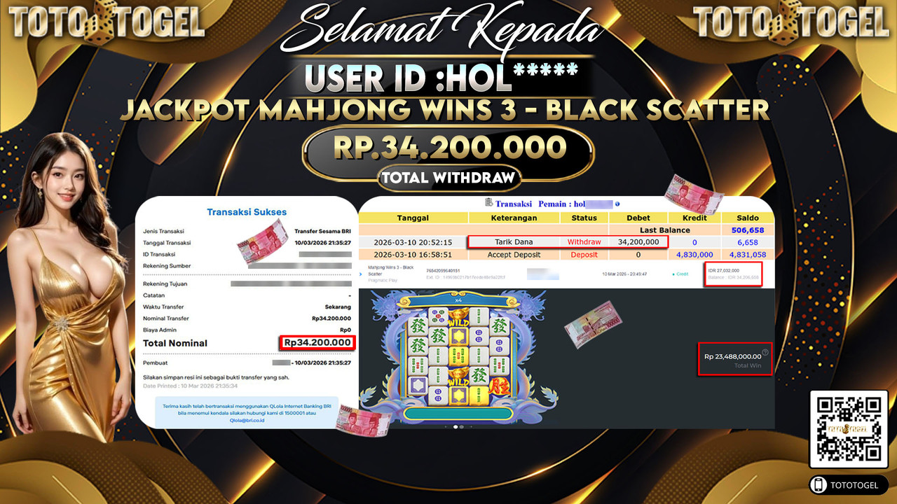 Bukti Pembayaran Jackpot Permainan Slot Mahjong Wins 3 - Black Scatter ID:HOL*****LUNAS