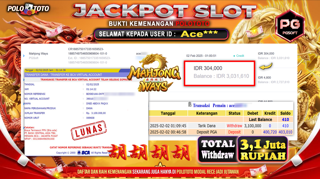 POLOTOTO JACKPOT SLOT MAHJONG WAYS Rp.3,100.000,-
