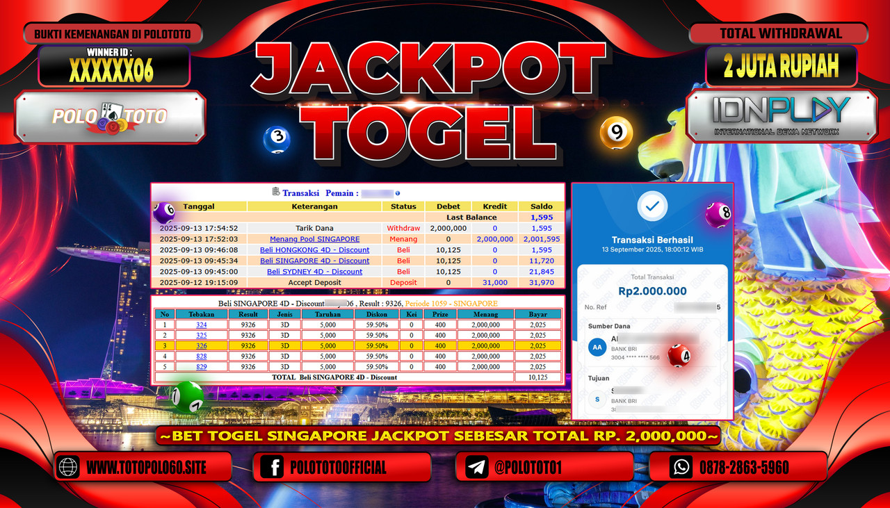 POLOTOTO JACKPOT TOGEL POOL SINGAPORE Rp.2.000.000,-LUNAS