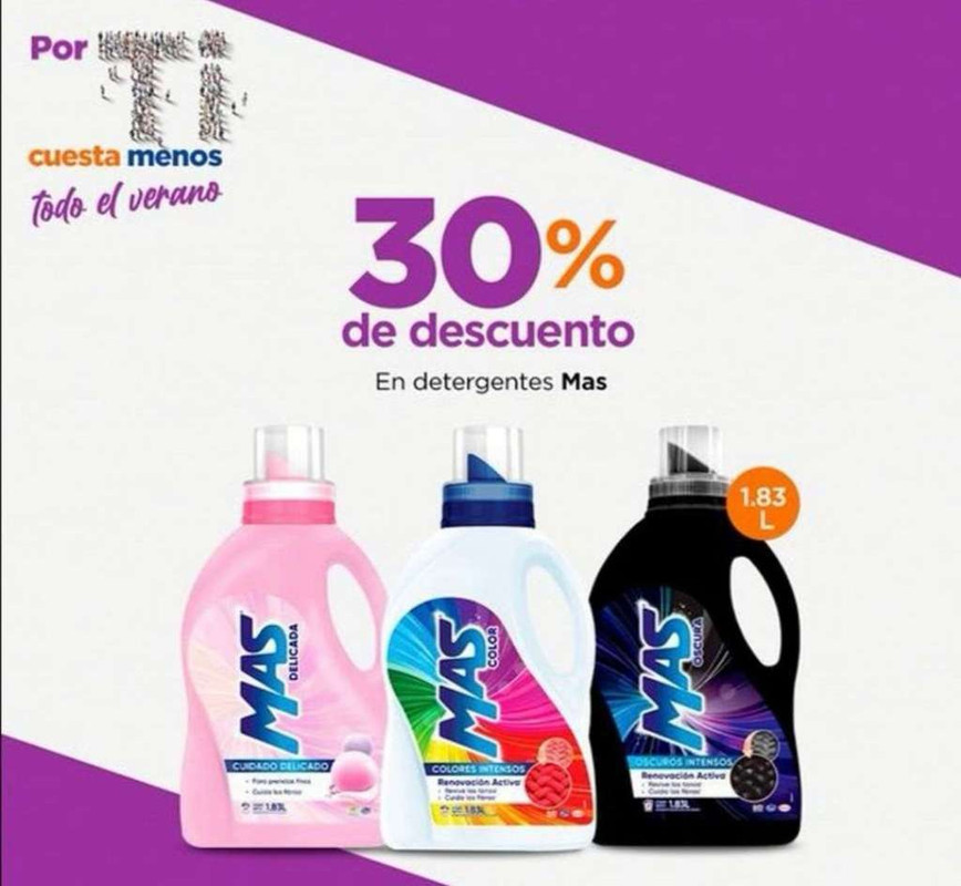 Chedraui: 30% de descuento en detergentes Mas de 1.83L 
