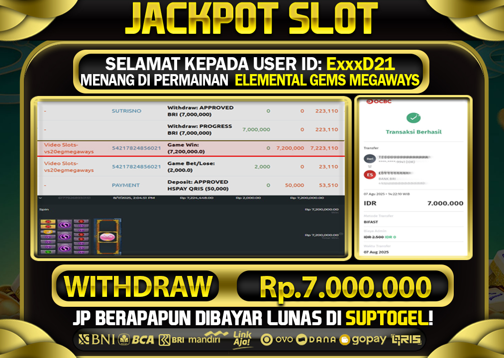  BUKTI KEMENANGAN 7 AGUSTUS 2025 MENANG DI PERMAINAN ELEMENTAL GEMS MEGAWAYS  TOTAL WD 7 JUTA