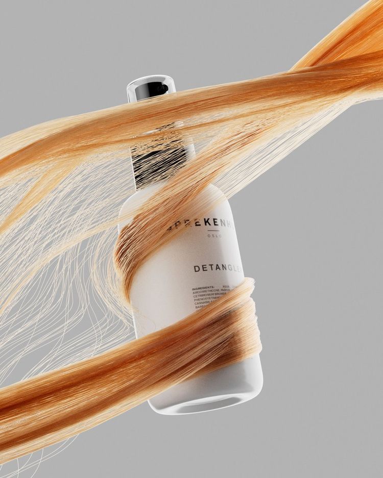 A bottle of shampoo wrapped in long, straight blonde hair