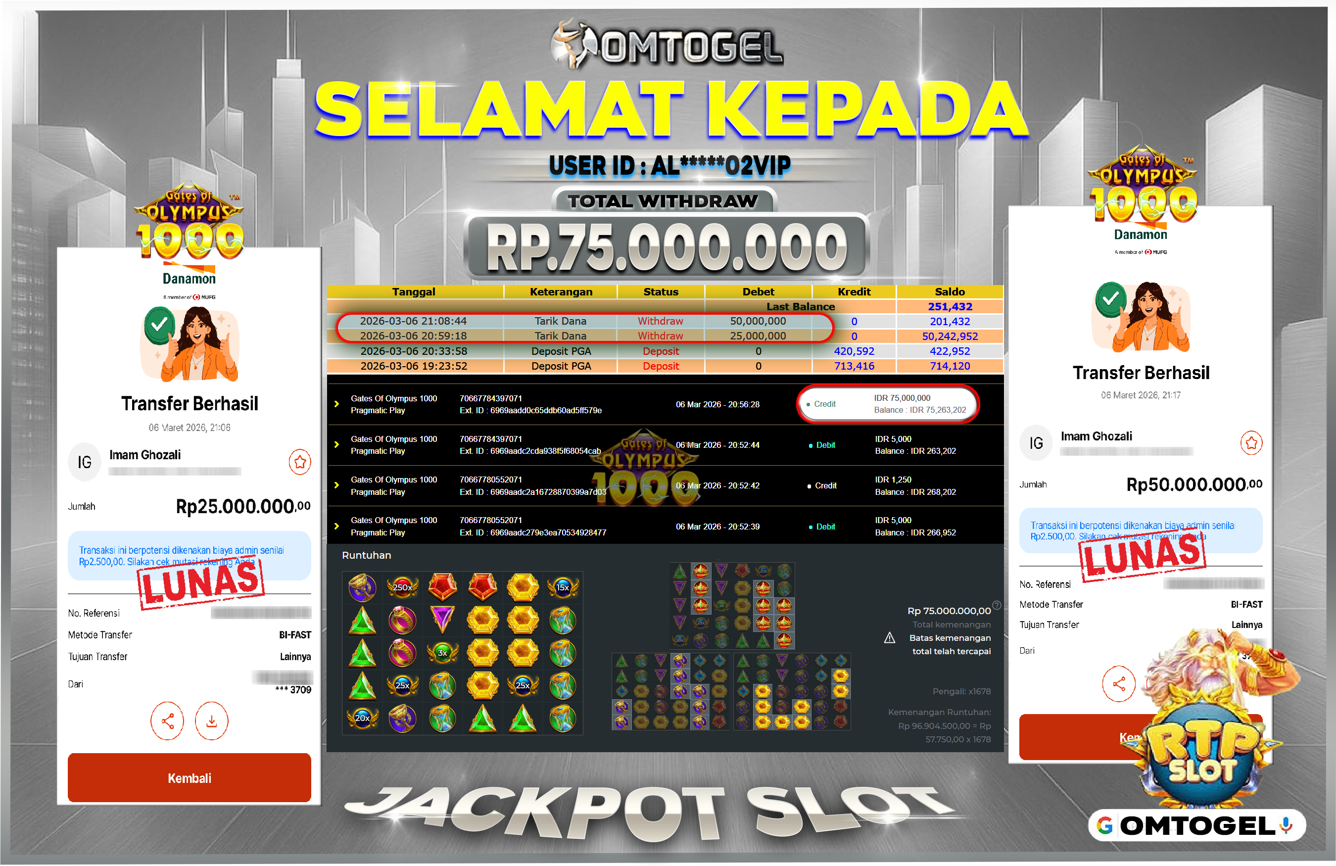 OMTOGEL JACKPOT PRAGMATIC PLAY GATES OF OLYMPUS 1000, 75 JUTA DI BAYAR LUNAS ,-