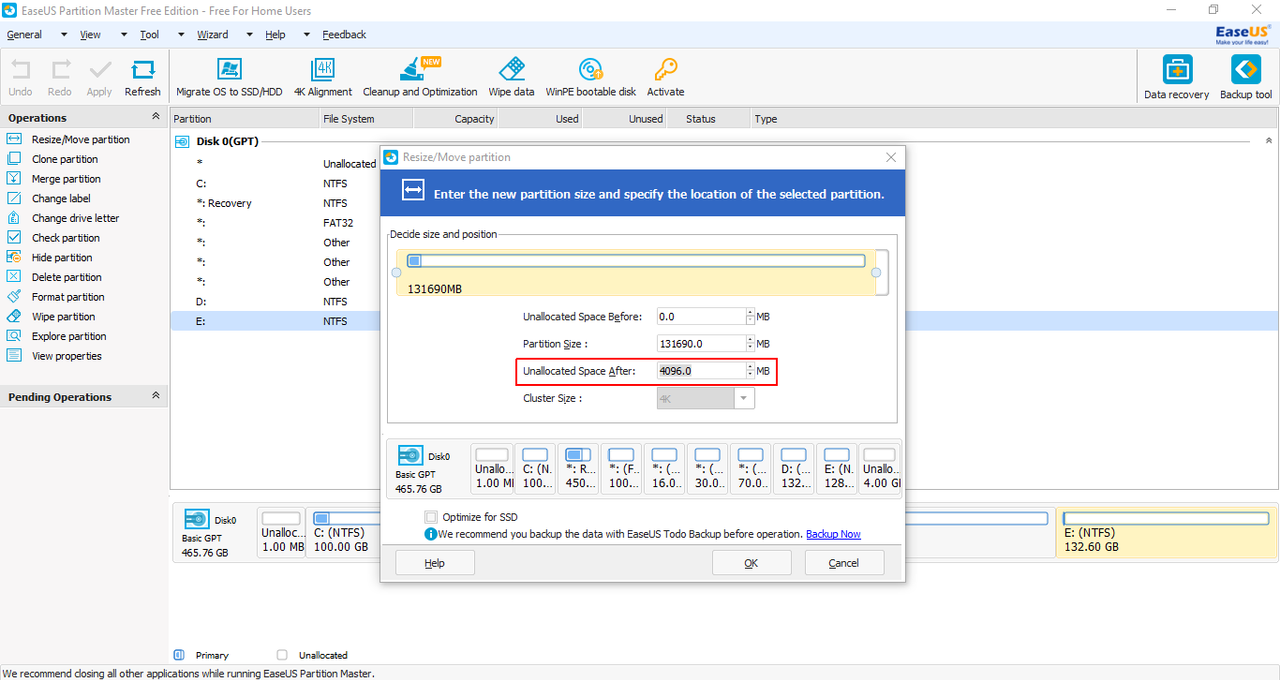 EaseUS Partition Master Free - Shrink partition in 4GB