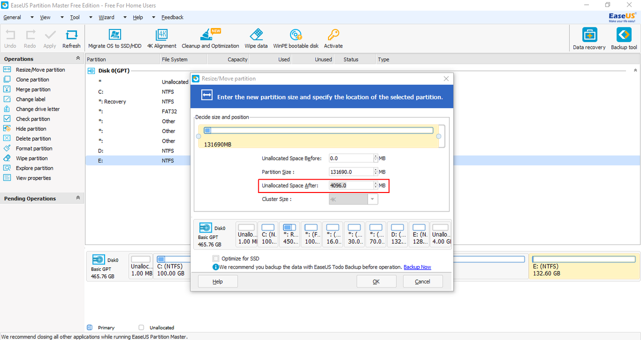 EaseUS Partition Master Free  - Shrink partition in 4GB