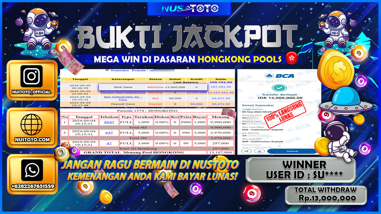 JACKPOT !! MENANG BESAR DI TOGEL HONGKONG POOLS SENILAI Rp. 13.000.000 LANGSUNG DI BAYAR LUNAS NUSTOTO !!