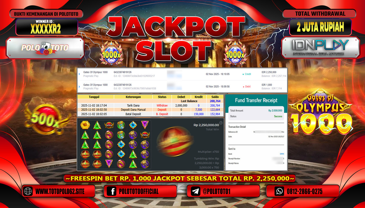 POLOTOTO JACKPOT SLOT GATES OF OLYMPUS 1000 Rp.2.000.000,- LUNAS