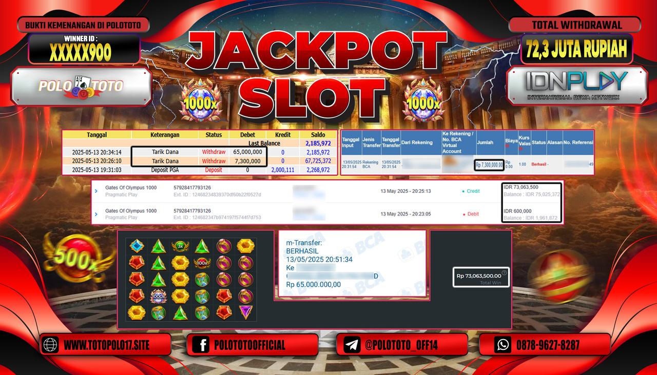 POLOTOTO JACKPOT SLOT GATES OF OLYMPUS 1000 Rp.72.300.000,-