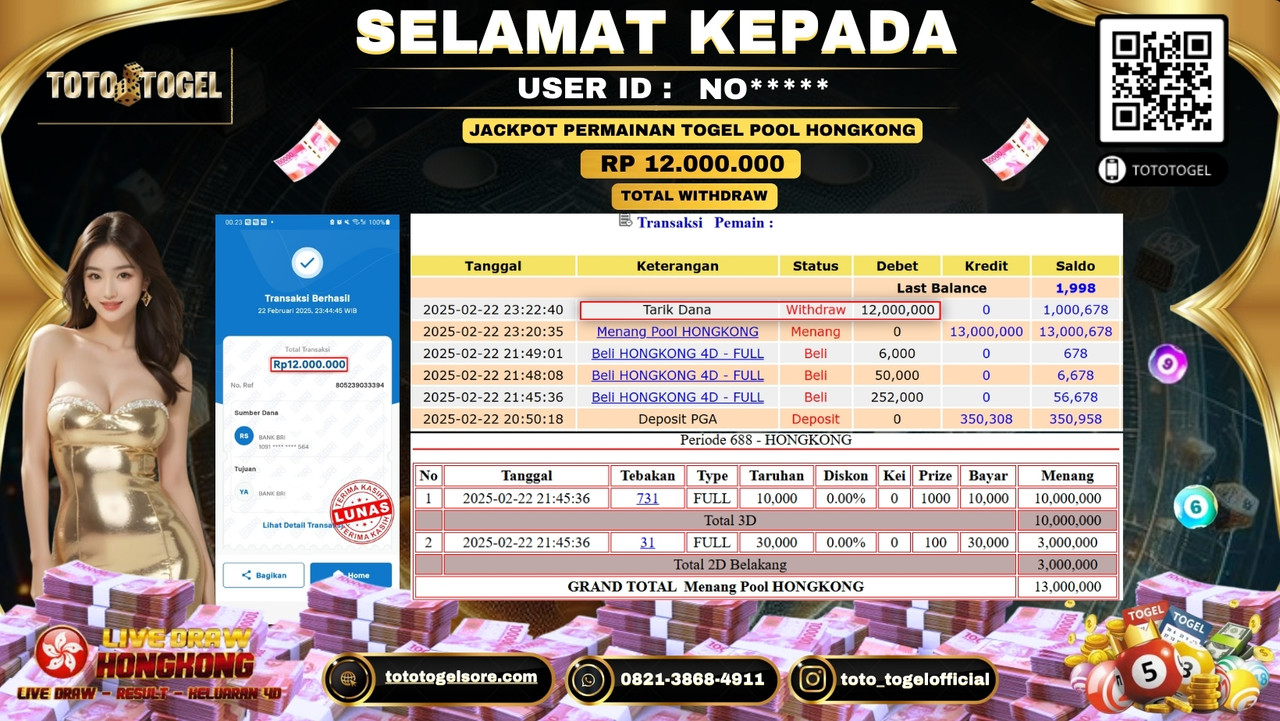 Bukti Pembayaran Jackpot  Permainan Togel Pools Hongkong  ID:NO***** LUNAS