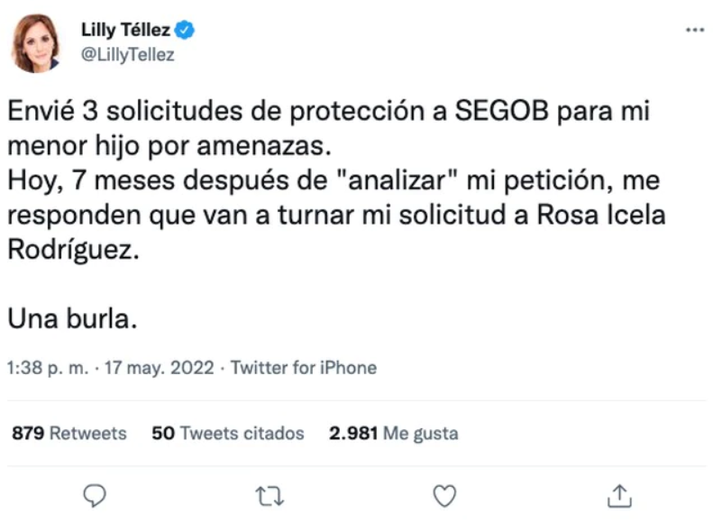 Lilly Téllez reprocha a Segob no atender solicitud de protección a su hijo menor