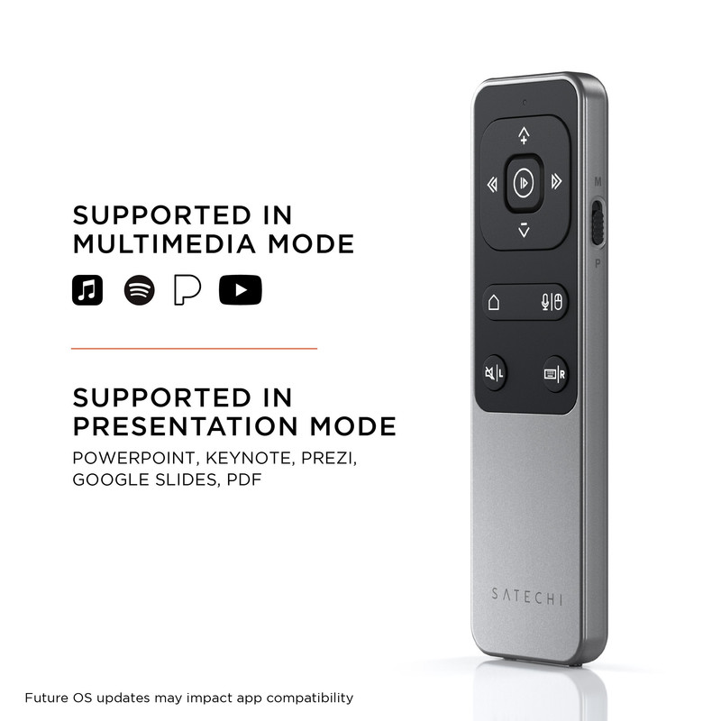 Control remoto Satechi R2 junto a una MacBook y un iPad.