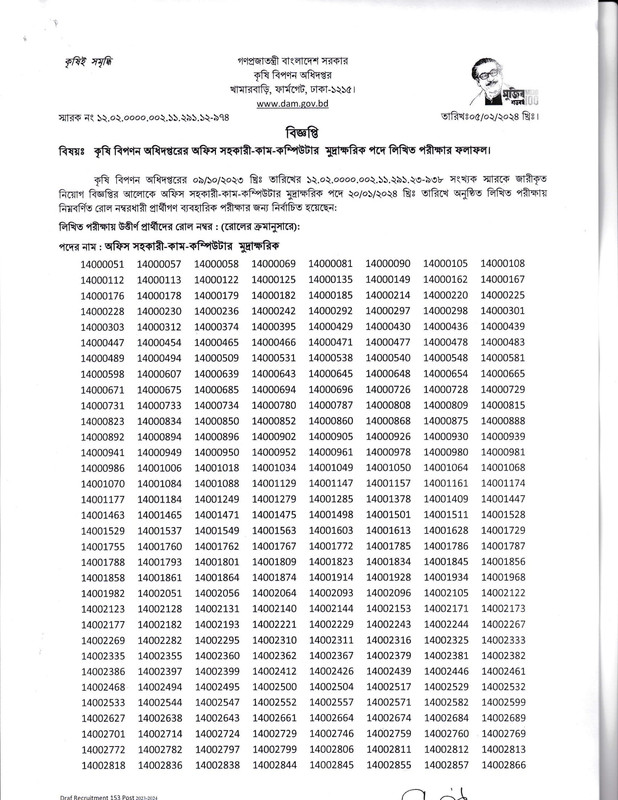Office Assistant Cum Computer Typist Result Notice Link: