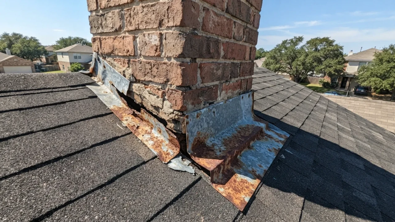 Failed roof flashing at a chimney on a San Antonio home showing separation and rust