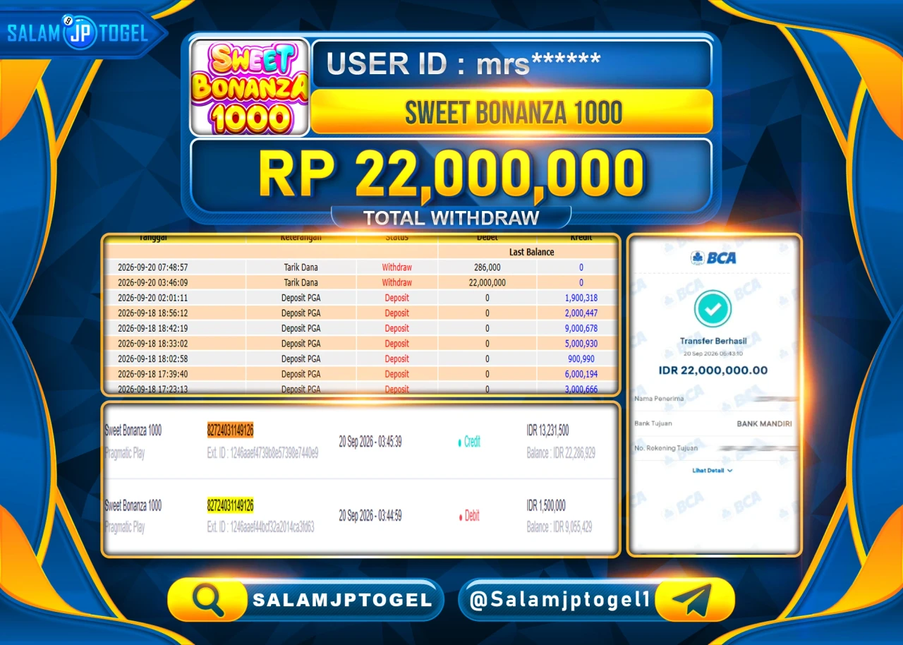 SALAMJPTOGEL JACKPOT MENANG SLOT SWEET BONANZA 1000 Rp.22,000,000 - LUNAS