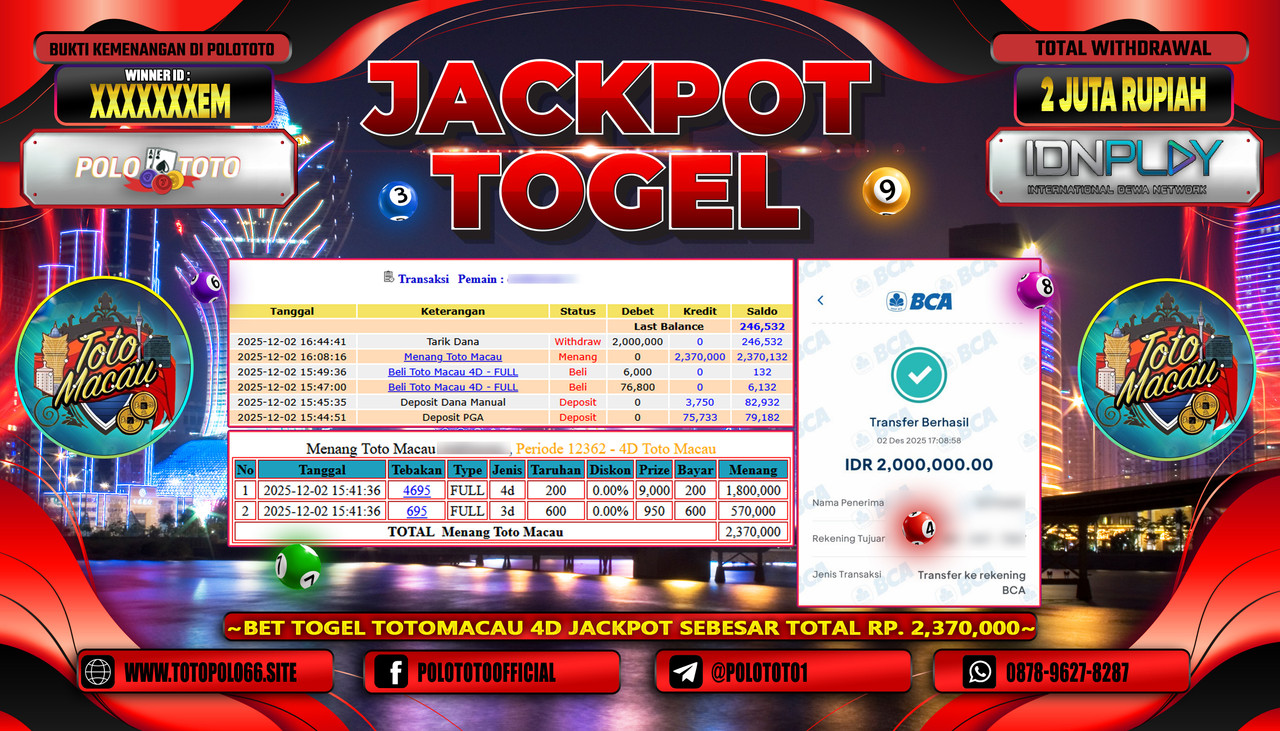 POLOTOTO JACKPOT TOGEL MENANG TOTO MACAU Rp.2.000.000,- LUNAS