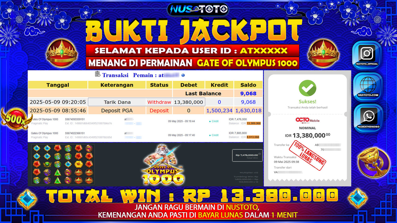JACKPOT !! MENANG BESAR DI SLOT GATES OF OLYMPUS 1000 Rp. 13.380.000 LANGSUNG DI BAYAR LUNAS NUSTOTO !!