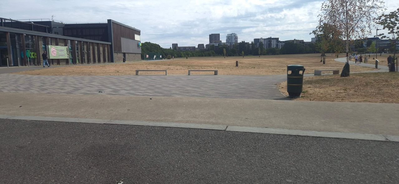 Marked football pitches and open grass at Montrose Playing Fields, Colindale NW9