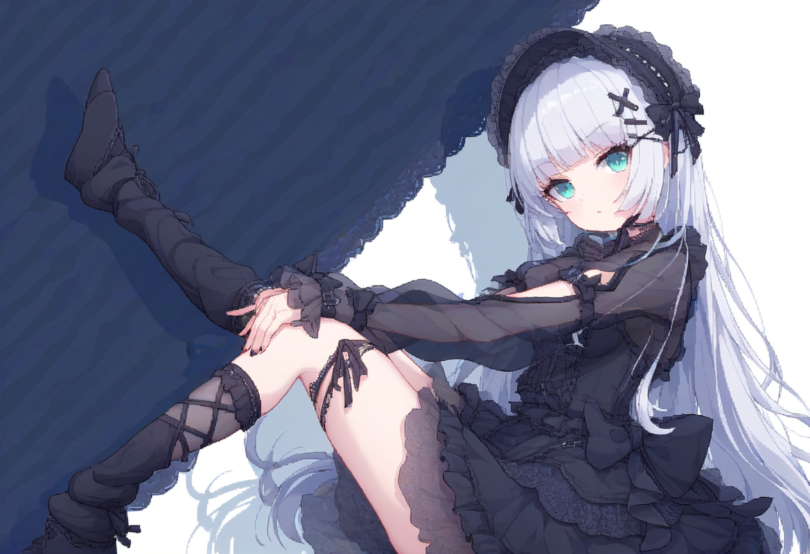 1girl, striped background, aqua eyes, long hair, hime cut, white hair, short ban s-833474905