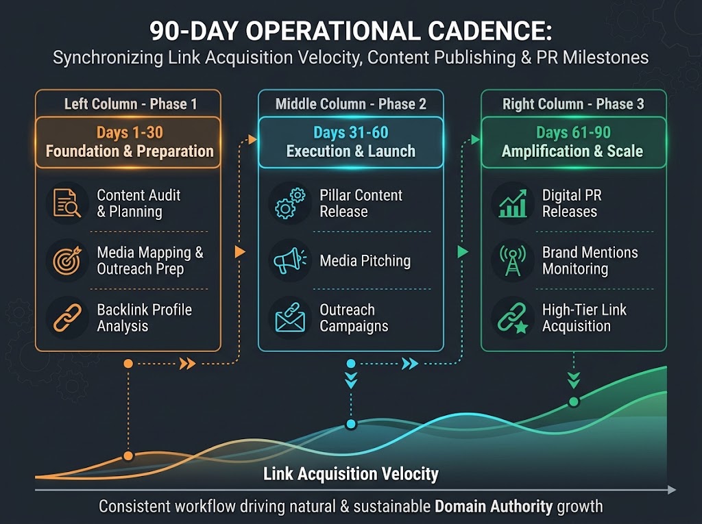 90-day natural link building strategies workflow covering backlink audit, linkable asset creation, editorial outreach, and velocity tracking