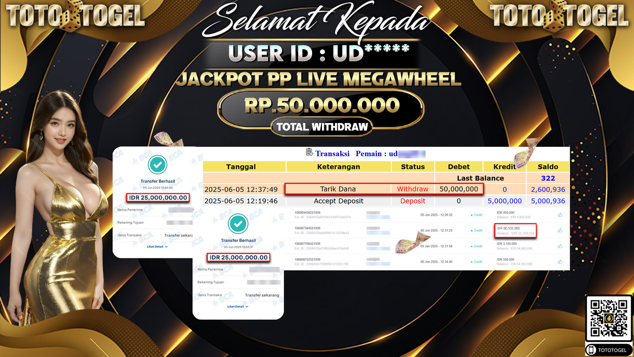 Bukti Pembayaran Jackpot Permainan Live Game PP Live MegaWheel ID:UD***** LUNAS