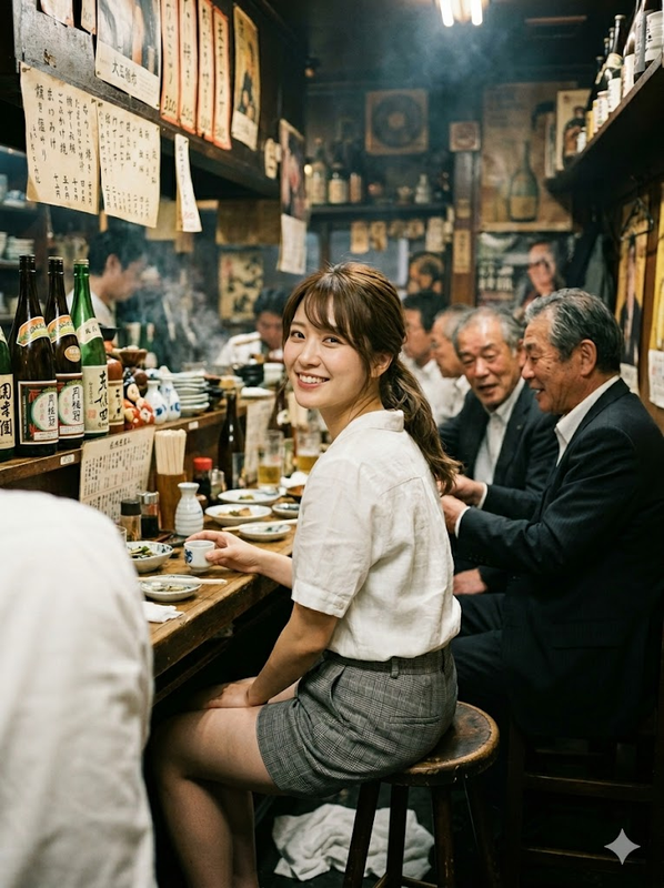 Cô gái tóc buộc thấp trong quán izakaya Nhật Bản