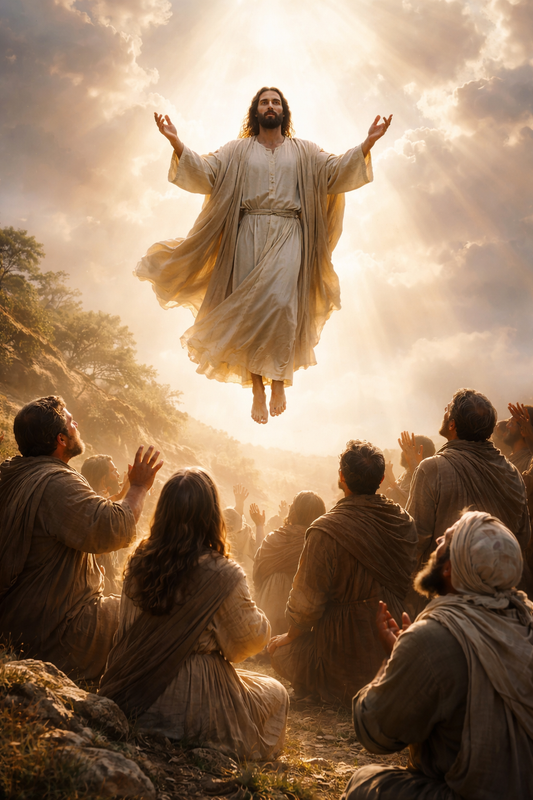 Jesús ascendiendo al cielo mientras bendice a sus discípulos en Betania