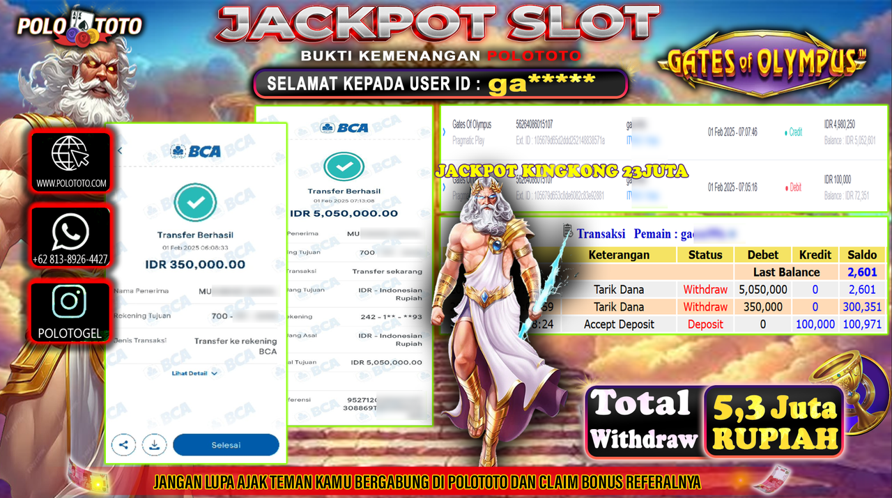 POLOTOTO JACKPOT SLOT GATES OF OLYMPUS Rp.5,300.000,-