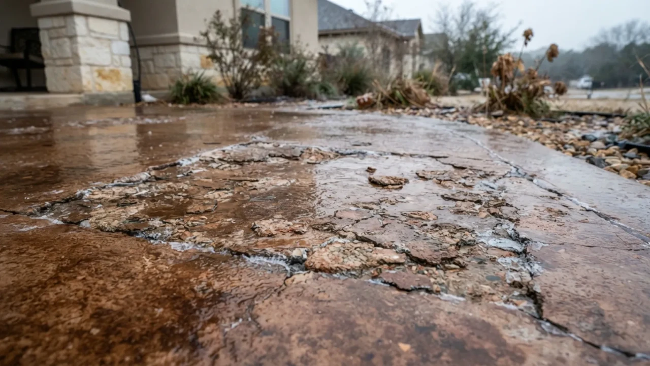 Stained concrete freeze damage San Antonio winter sealing