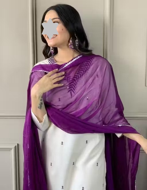 Women Embroidered Straight Kurta with Pants & Dupatta Set For Girls And Women (cream ) Color 1 (KS136)