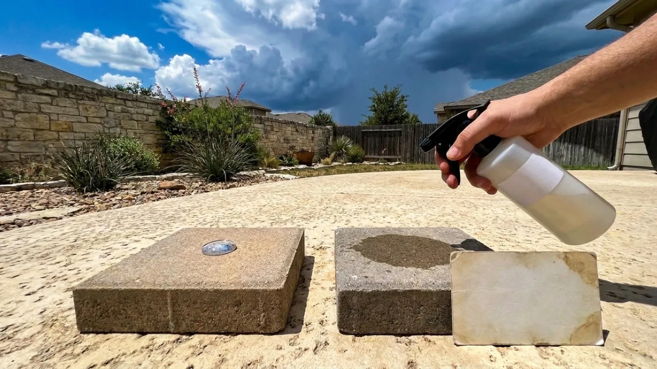Applying a concrete sealer to an outdoor patio in San Antonio, TX — sealing every 2 to 3 years slows UV fading and water damage on the surface, but does not substitute for a sound compacted base underneath