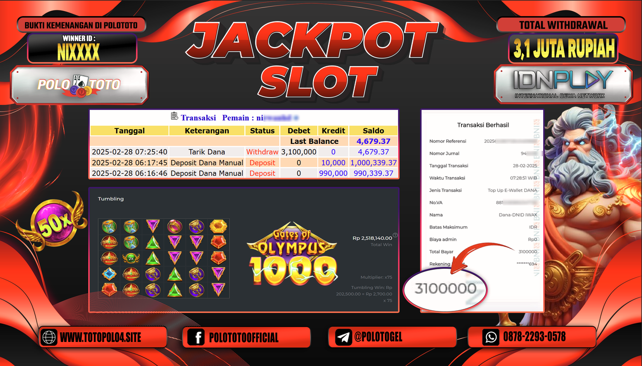 POLOTOTO JACKPOT SLOT GATES OF OLYMPUS 1000 Rp.3.100.000,-