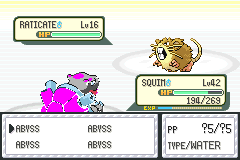 A battle screen. The only move RAINER knows is Abyss. It's fighting a raticate.