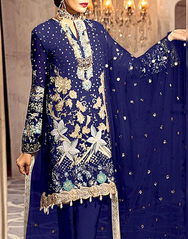Heavy Handwork Embroidered Chiffon Suit (Navy Blue) | Wedding Wear