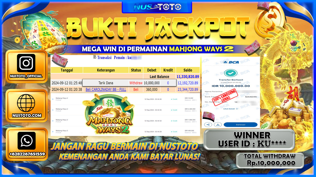 JACKPOT !! MENANG BESAR MAHJONG WAYS 2 Rp. 10,000,000 LANGSUNG DI BAYAR LUNAS NUSTOTO !!