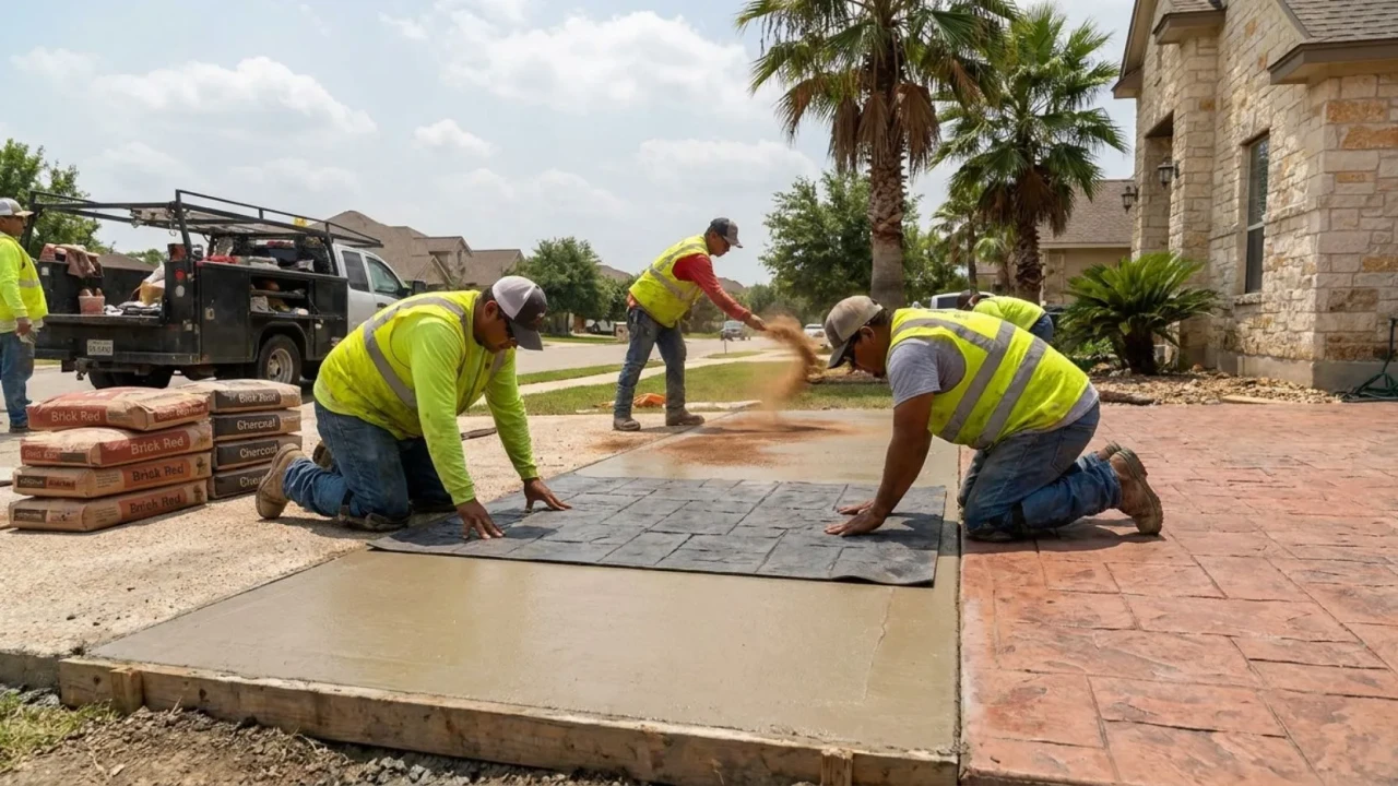 Close-up of stamped concrete patio surface in San Antonio showing slate-pattern texture and color release depth  the relief in the pattern is pressed in while the concrete is still workable
