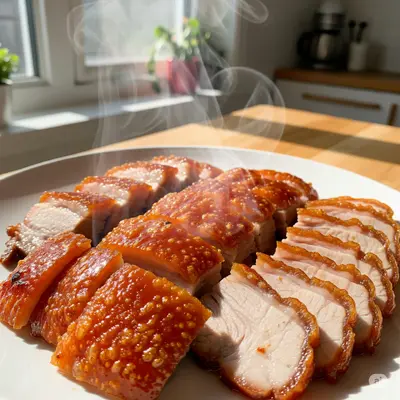 Scheinefleisch aufgeschnitten auf einem Teller fertig angerichtet