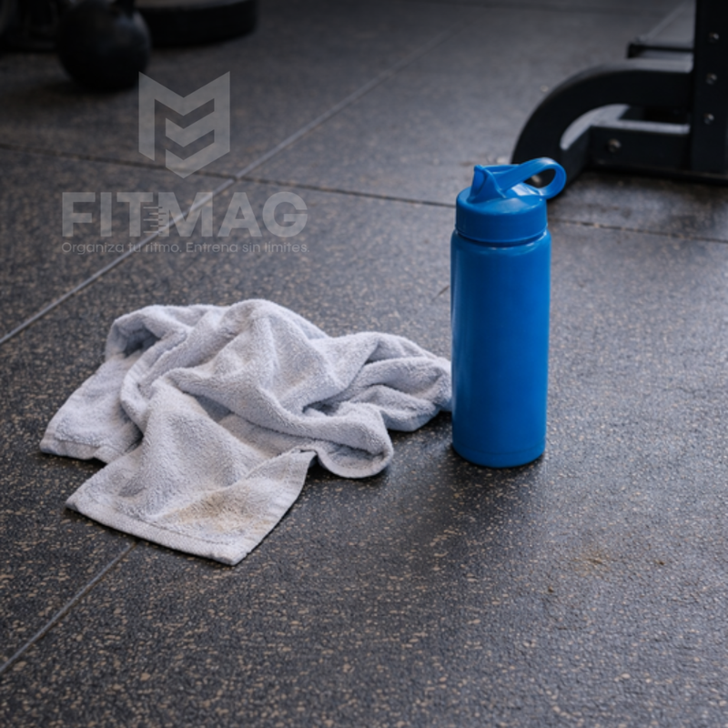 Toalla y botella en el piso junto a máquinas de gimnasio