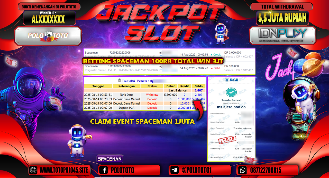POLOTOTO JACKPOT SLOT SPACEMAN Rp.5.590.000,-LUNAS