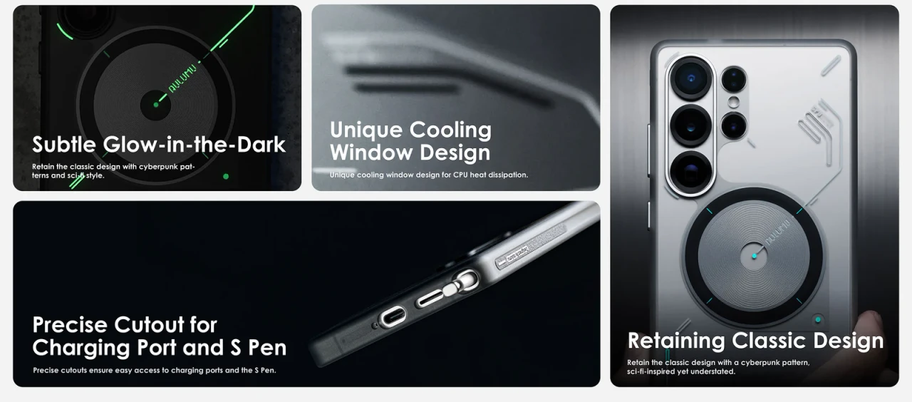 Husa pentru Samsung S25 Ultra, Aulumu Frosted, TPU rezistent, Compatibila MagSafe, Efect fosforescent, Protectie Camera, Butoane aluminiu, Racire activa CoolHyper, Protectie premium, Gri/Transparent S25 3