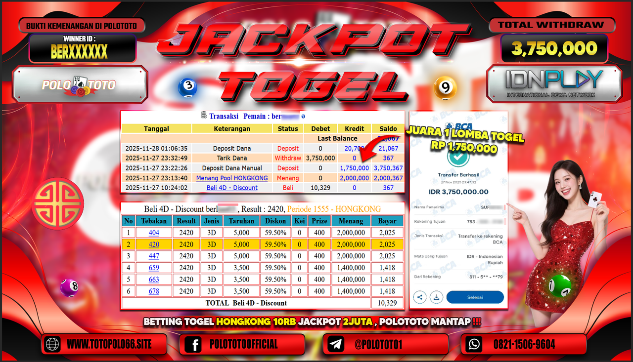 POLOTOTO JACKPOT TOGEL MENANG HONGKONG LOTTO Rp.3.750.000,- LUNAS